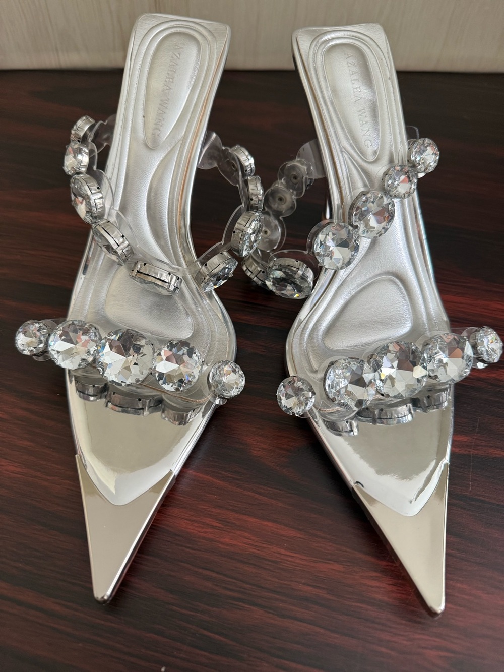 Azalea Wang Paolina Pointed Toe Slide Heeled Sandal Chunky Rhinestones Size 8 - Picture 3 of 13